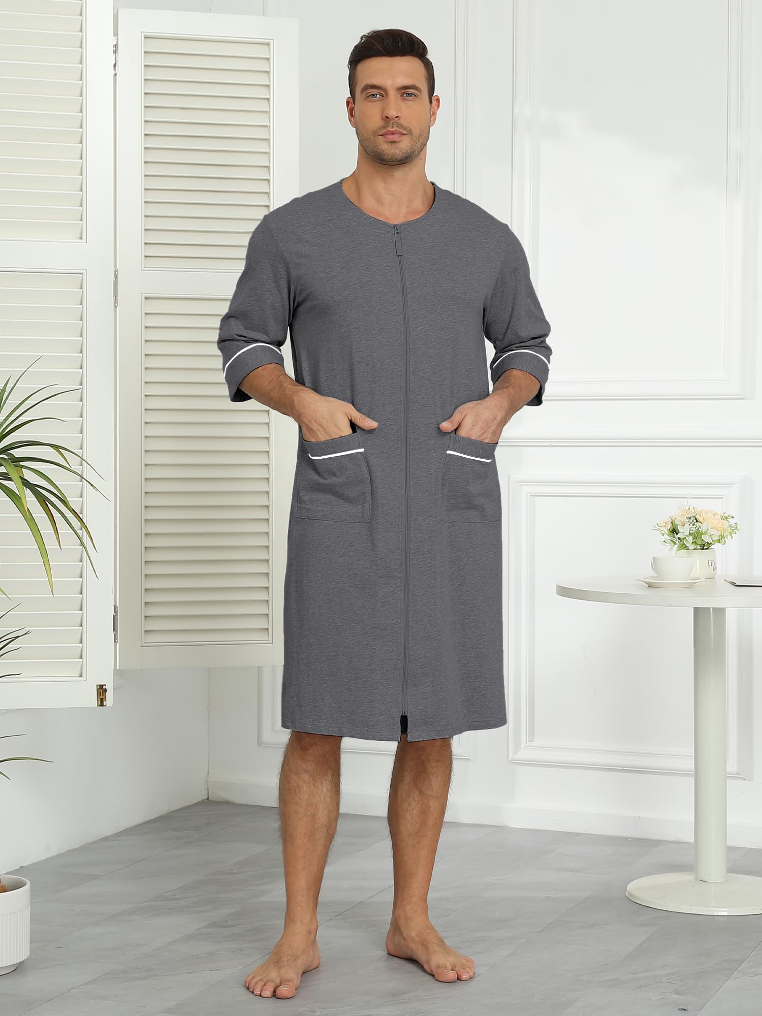 COLORFULLEAF Herren-Bademantel aus 100 % Baumwolle, weicher Reißverschluss, kurzärmelig, Sommer-Kimono, Hausmantel mit Taschen