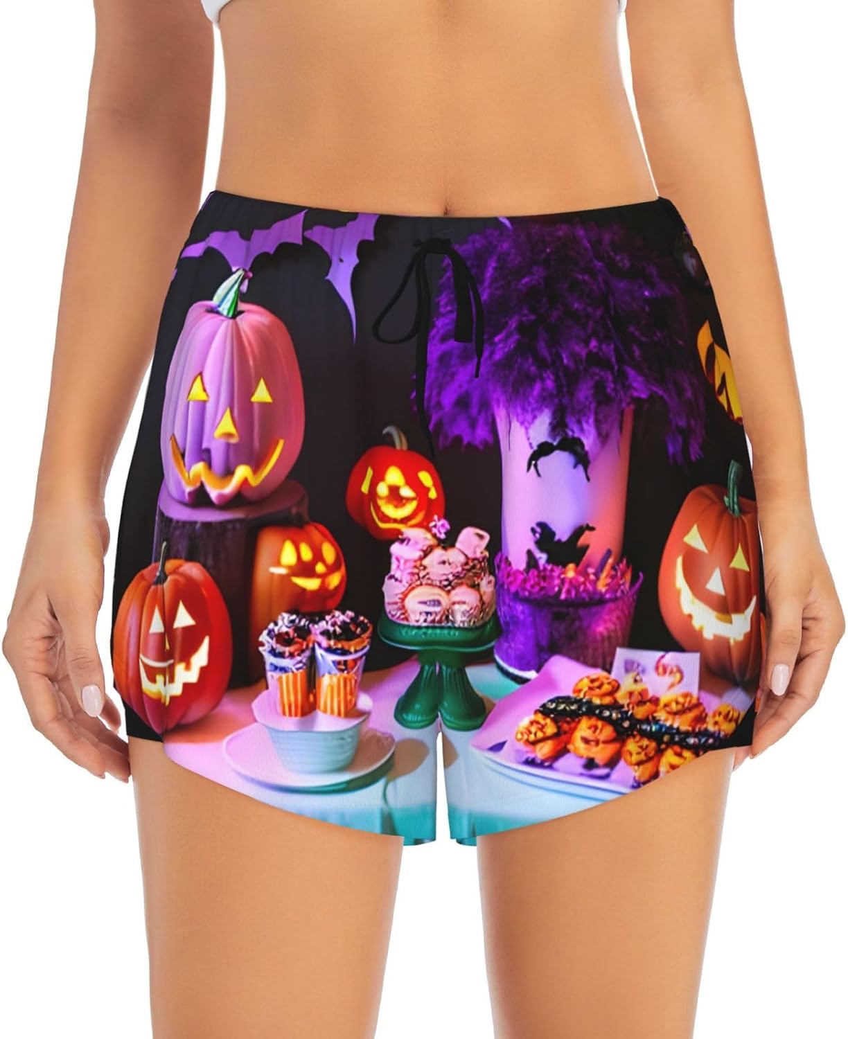 Halloween Carnival Party Print Womens 2 In1 Running Athletic Workout Yoga Shorts with Pockets Gym Elastic Workout Shorts