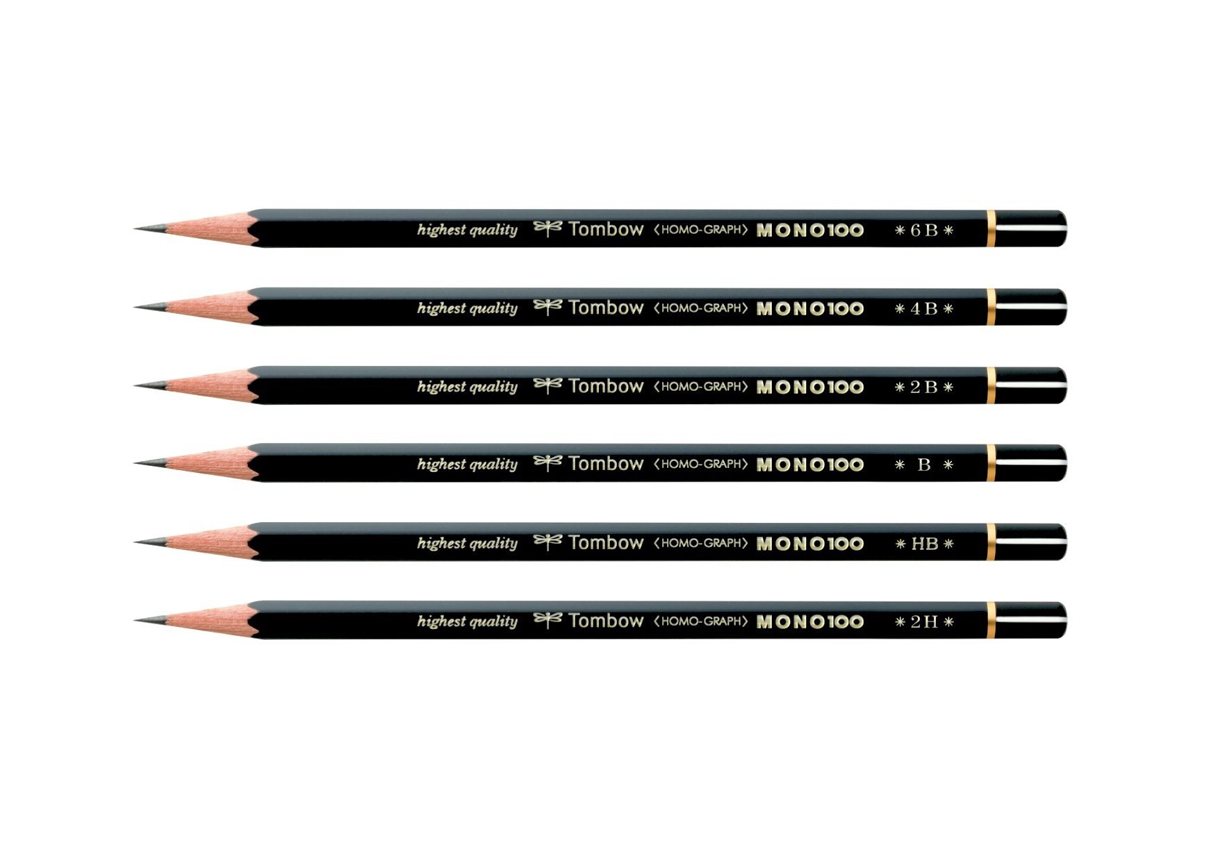 Tombow Mono 100 Professional quality Drawing Pencils - Hexagonal wooden body (Pack of 6 - grades 2H,HB,B,2B,4B,6B (1 Each))