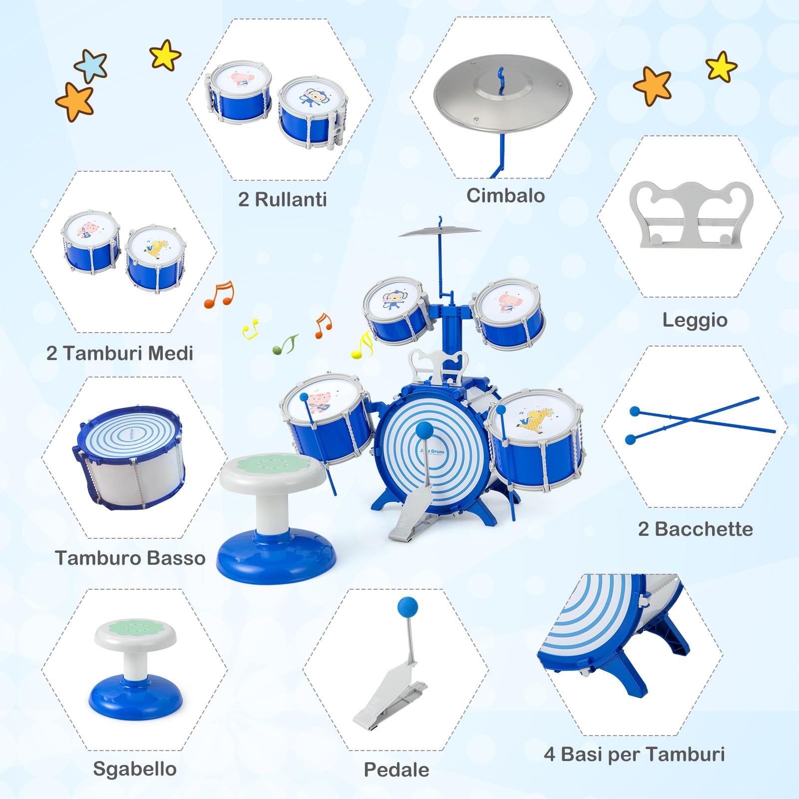 COSTWAY Set di Batteria per Bambini, Strumento Musicale a Percussione Educativo, Batteria Jazz con Sgabello, per Bambini 3+ Anni, Blu