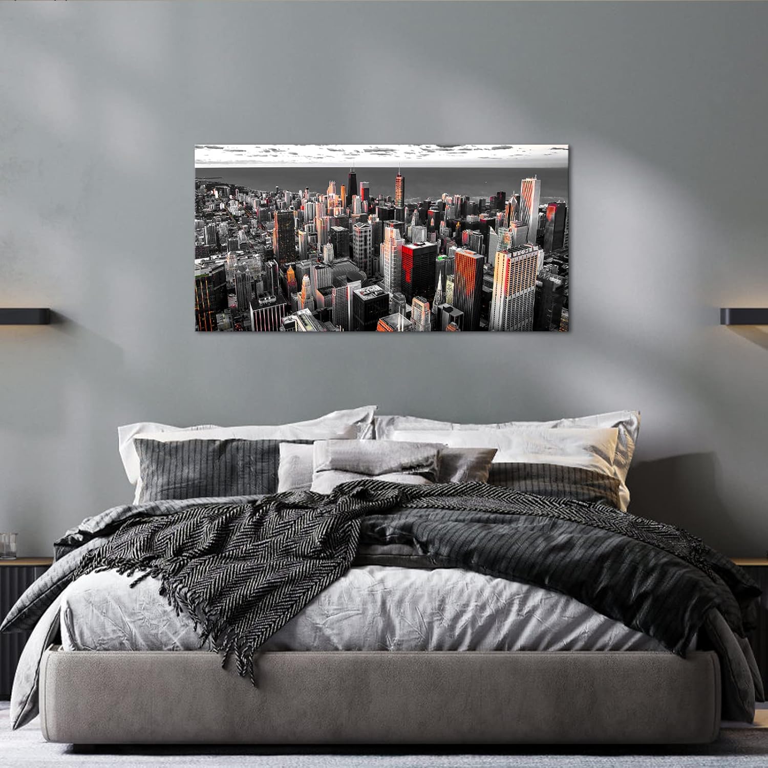 Nachic Wall Large Chicago Cityscape Wall Art Skyline Canvas Print Black and White City View for Living Room & Office Wall Decor 24x48 Inch