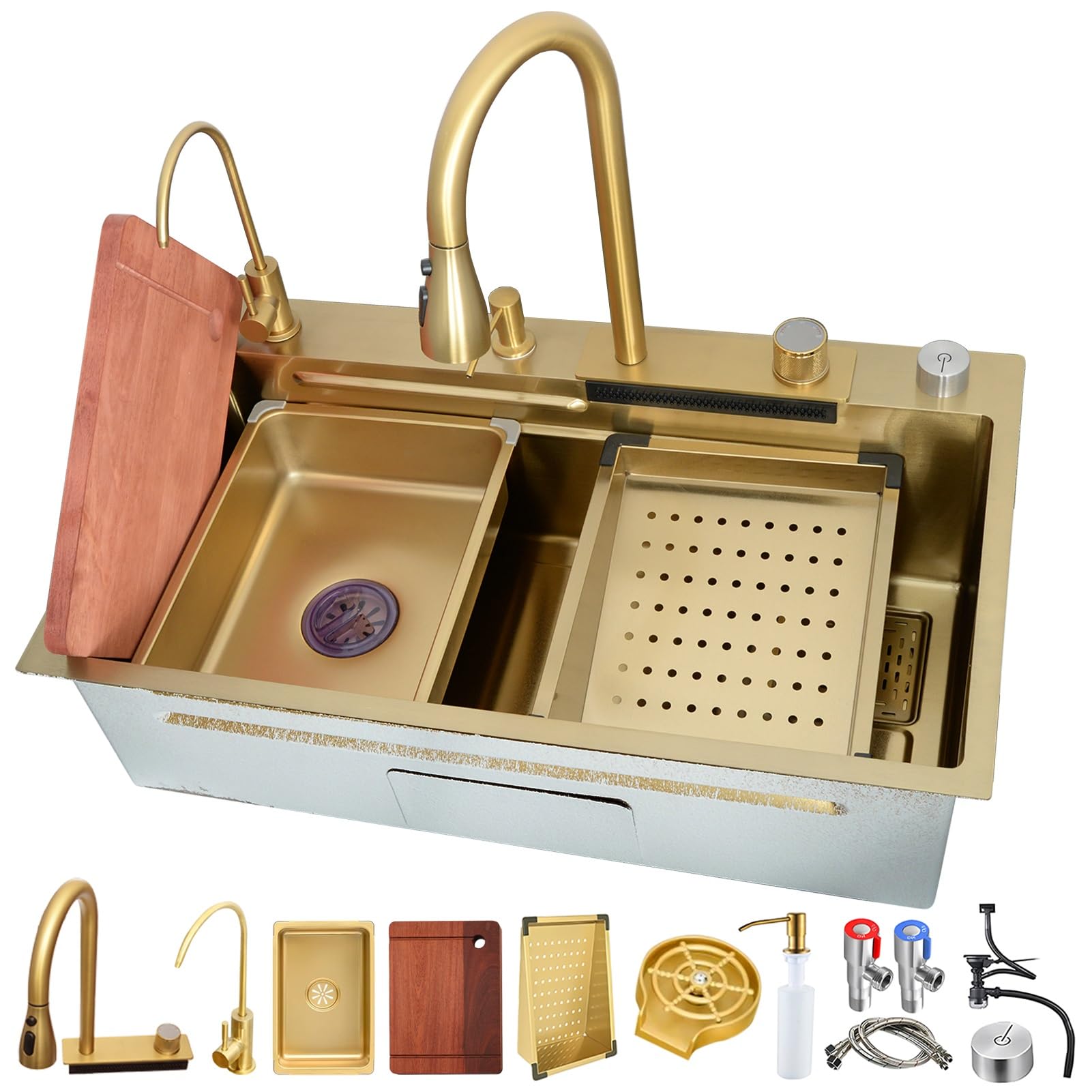 HYSOPSPX Large Single Bowl Workstation Sink,Stainless Steel Waterfall Sink,Multifunctional Kitchen, Integrated Faucet,Temperature-Controlled(Gold,68x45cm)