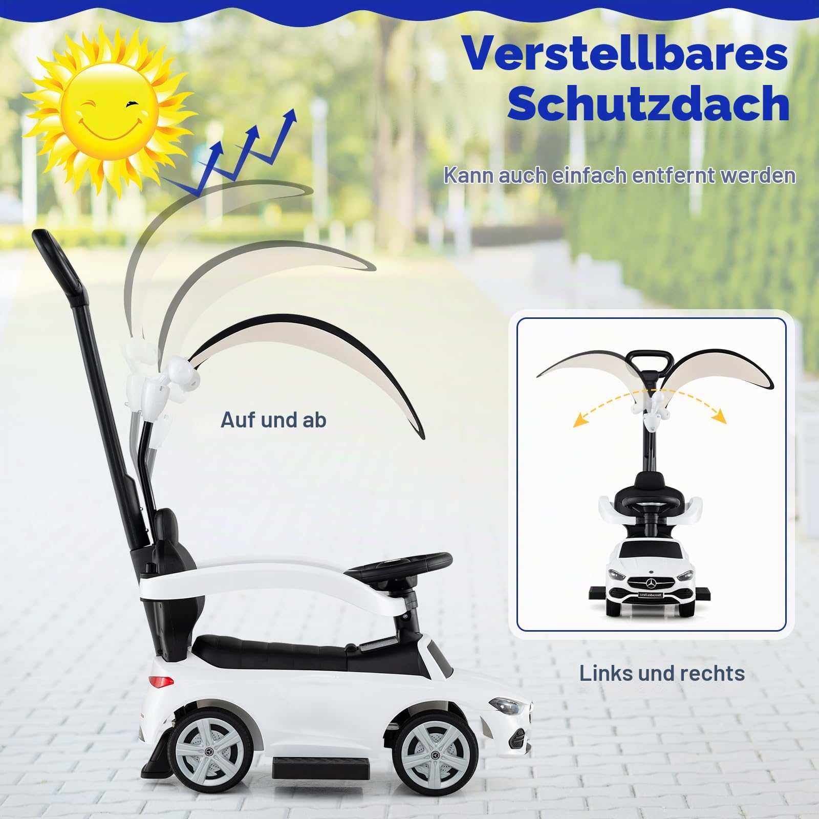 SOARS 3-in-1 Mercedes-Benz Rutschauto, Rutschfahrzeug mit Abnehmbarer Schiebstange, verstellbarem Sonnendach, Hupe, Stauraum, Spielzeugauto für Kinder ab 1 Jahr (Weiß)