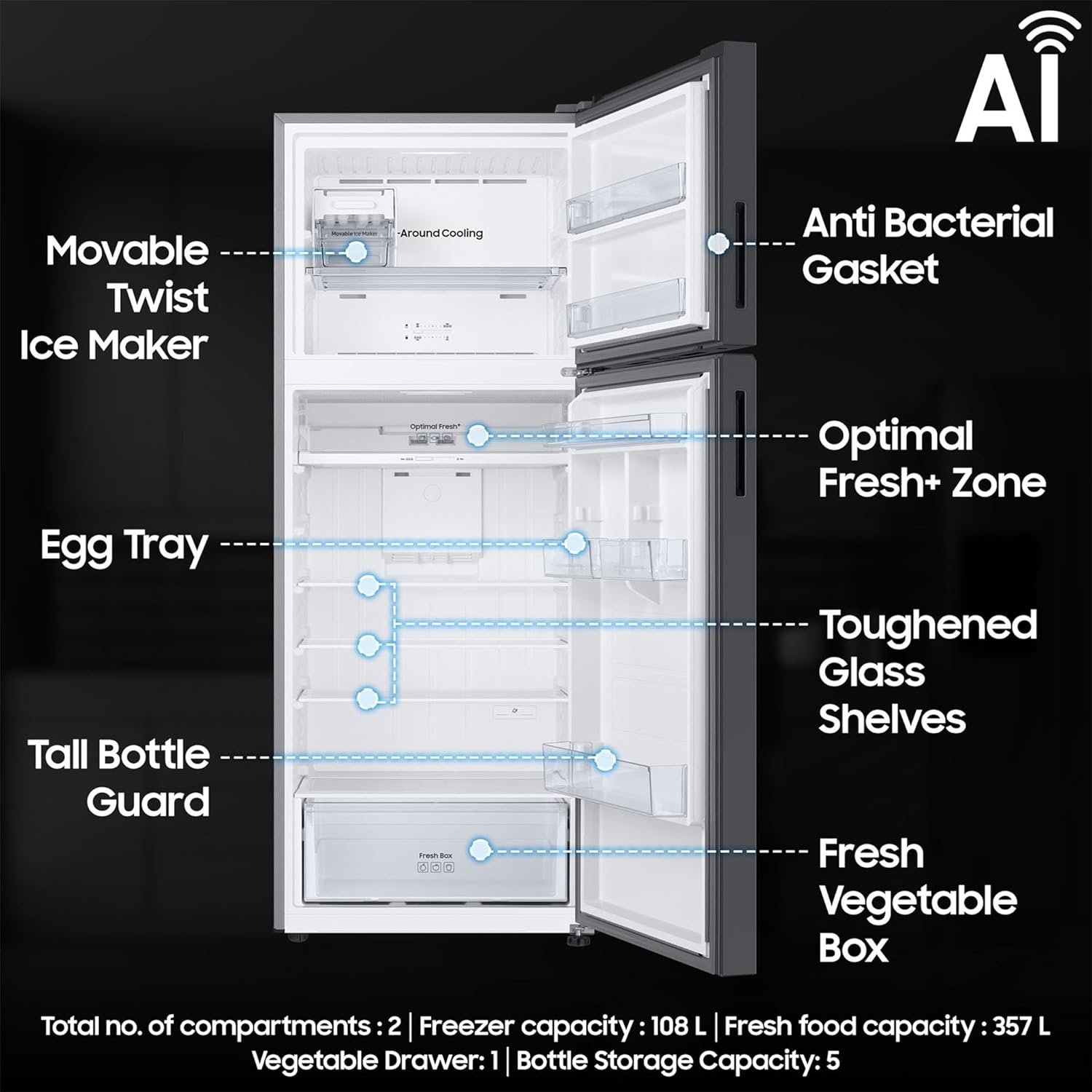 આંતરિક view of Samsung RT51CB662A22TL refrigerator showing various compartments