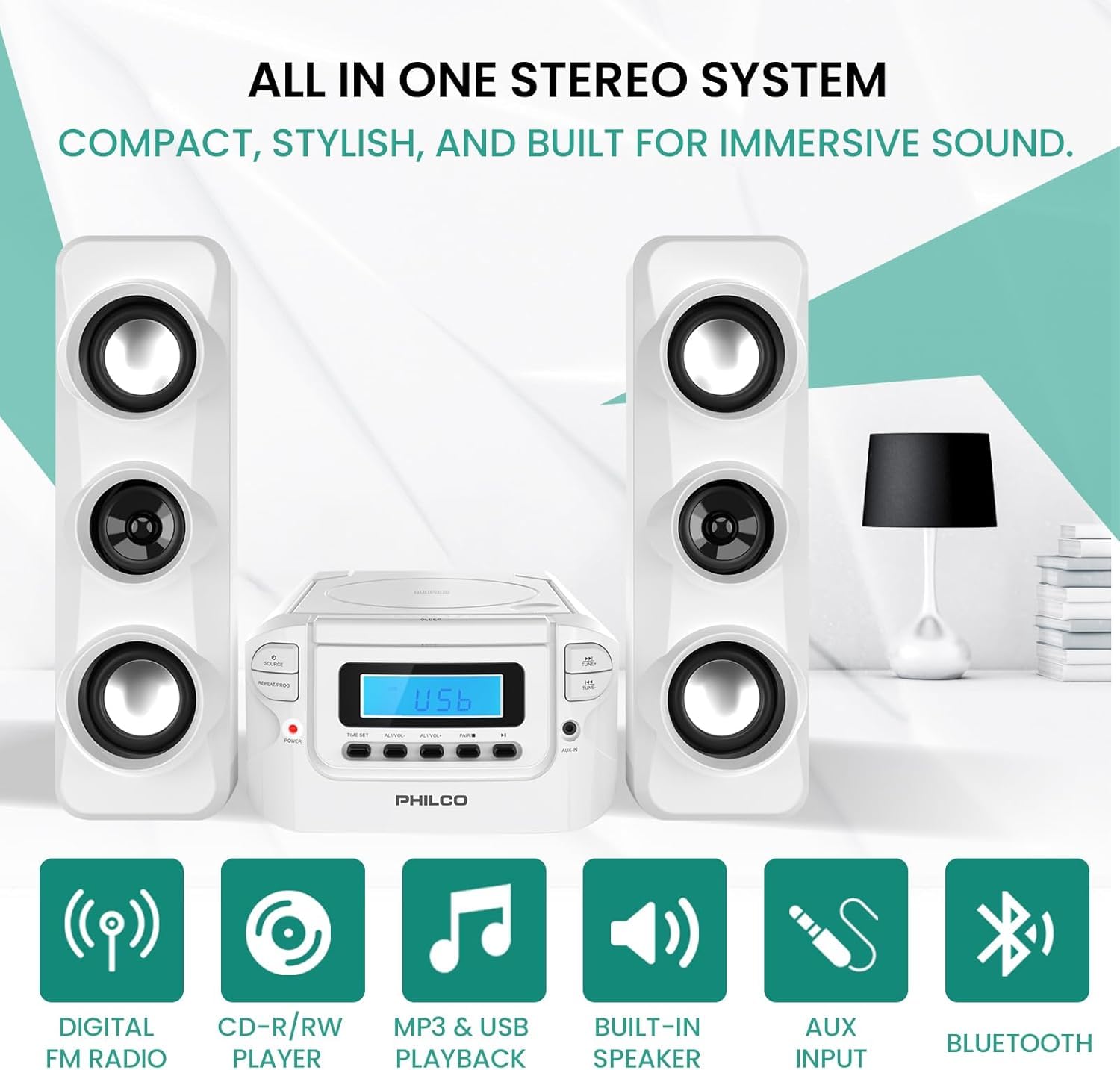 Philco Systemy regałów stereo, kompaktowy system regałów CD z cyfrowym radiem stereo FM, bezprzewodowym Bluetooth i pilotem zdalnego sterowania w kolorze czarnym, wyświetlacz LCD, kompatybilny z