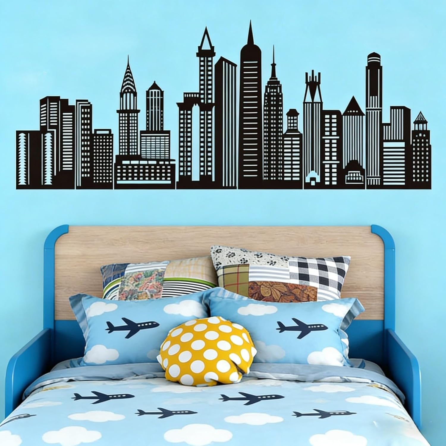 Black City Skyline Wall Stickers - City Building Silhouette Wall Decals - Boys Nursery Kids Bedroom Living Room Wall Decor (Pack of 2)