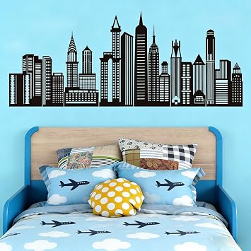 Black City Skyline Wall Stickers - City Building Silhouette Wall Decals - Boys Nursery Kids Bedroom Living Room Wall Decor