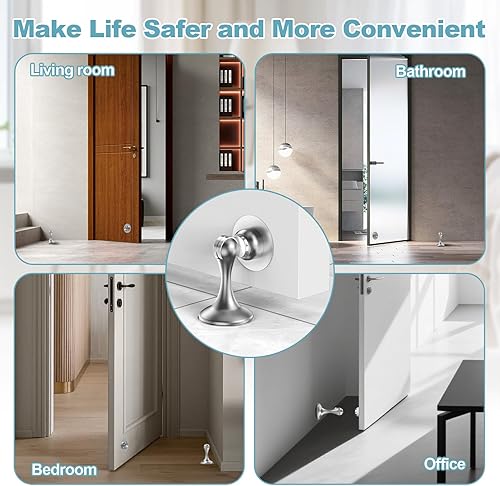 Vista 21 de Topes magnéticos para puerta, paquete de 4, topes de puerta de acero inoxidable para montaje en pared y piso, soporte de puerta mantiene la puerta