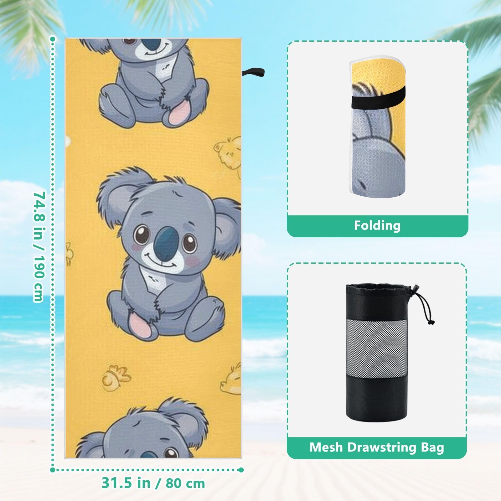 Grandes serviettes de plage avec sacs en maille pour adultes, motif koala mignon à pois blancs jaunes avec fermeture magnétique, serviette absorbante à séchage rapide pour piscine, camping et