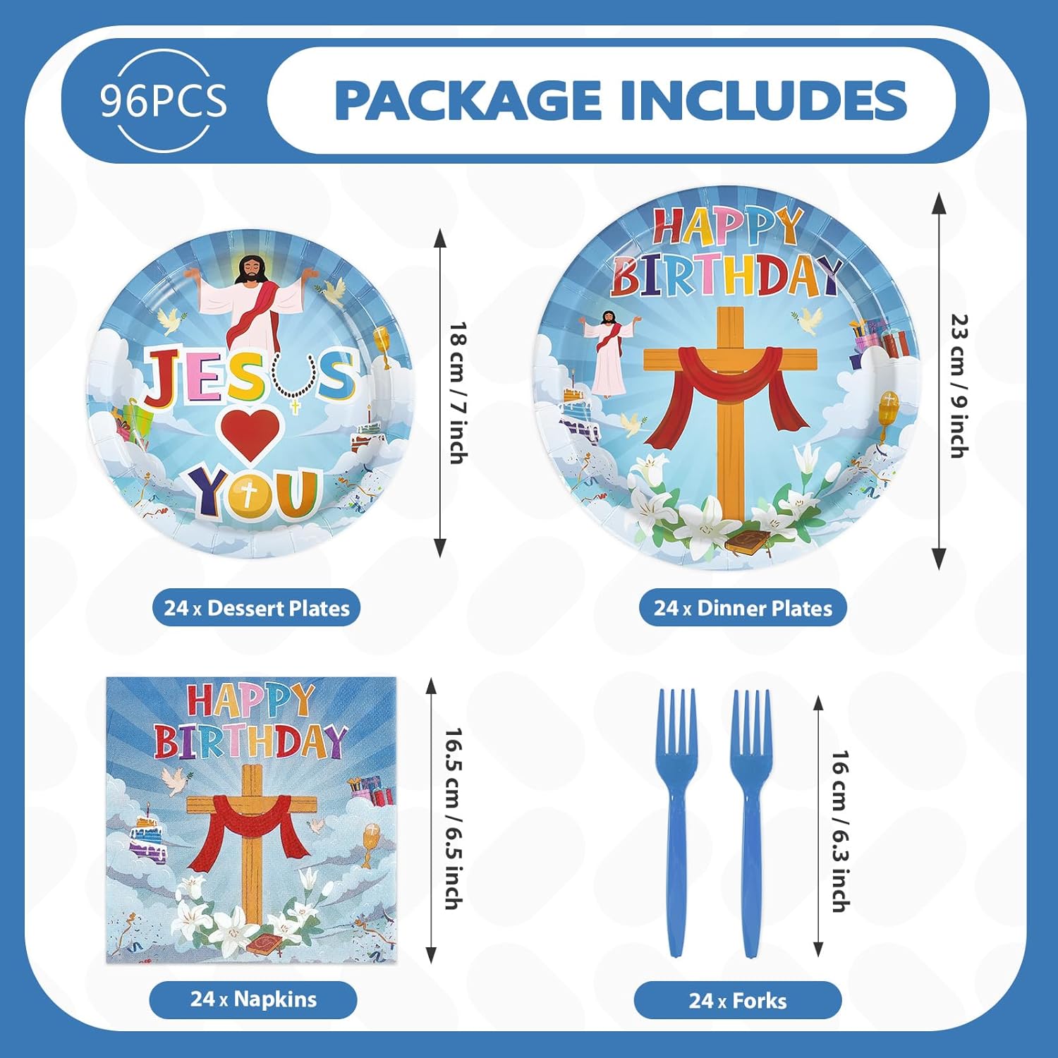 96 Pcs Jesus Birthday Party Decoration Christian Jesus Loves You Decorations Plates and Napkins Christian Cross Religious Tableware Set for kids Happy Birthday Easter Sunday Party Supplies Serves 24
