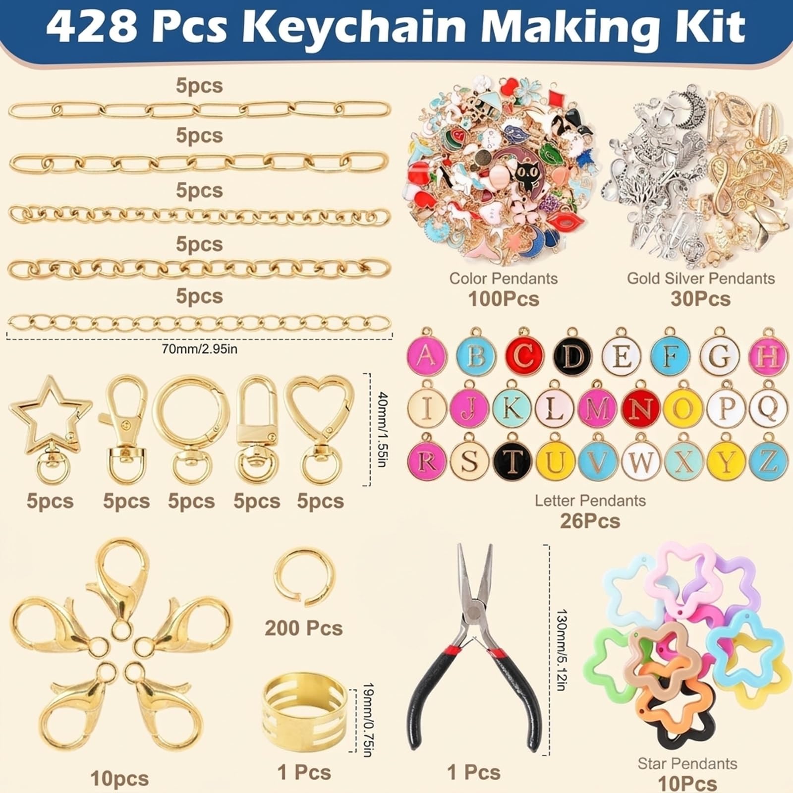 Tarqite 428 Stück Schlüsselanhänger Bastelset, Schlüsselanhänger Selber Machen, Charms Anhänger Set, DIY Keychain Set für Taschenanhänger, Schlüsselanhänger und Geschenke