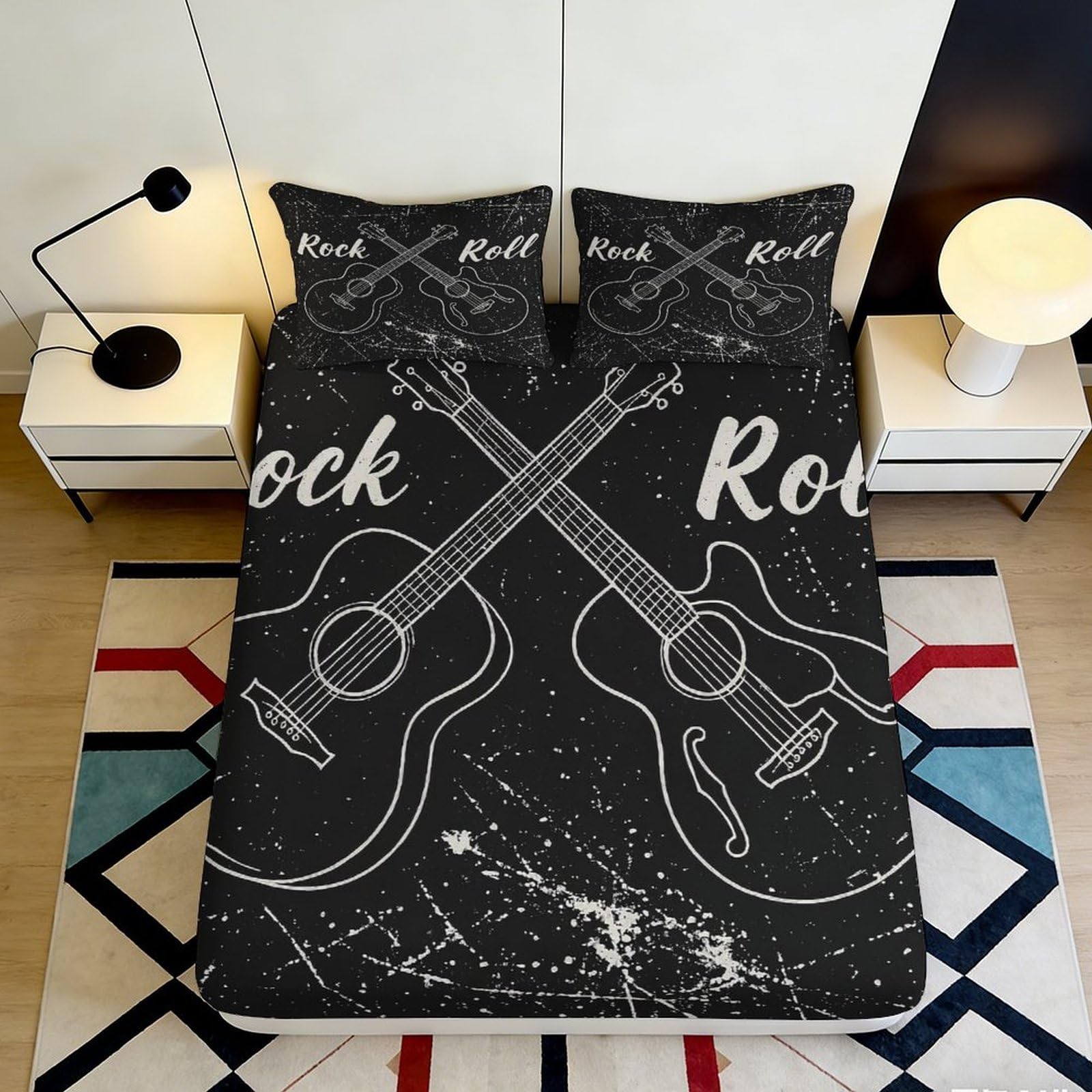 3D Printed Rock Guitar Fitted Sheet Microfiber Black Music Bed Cover for Bedroom Dorm Mattress Protection Decor 90x200x25cm