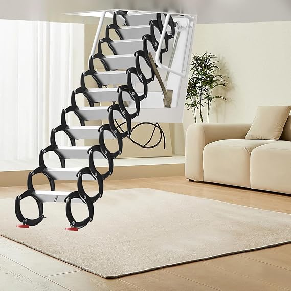 12 Steps Attic Ladder Folding Wall Mounted Ladder Black Loft Folding Ladder 10FT HeightAttic Ladder Pull Down System Steps Ladder Folding Pull Down Stairs for Attic Retractable Attic Stairs