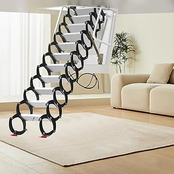 12 Steps Attic Ladder Folding Wall Mounted Ladder Black Loft Folding Ladder 10FT HeightAttic Ladder Pull Down System Steps Ladder Folding Pull Down Stairs for Attic Retractable Attic Stairs