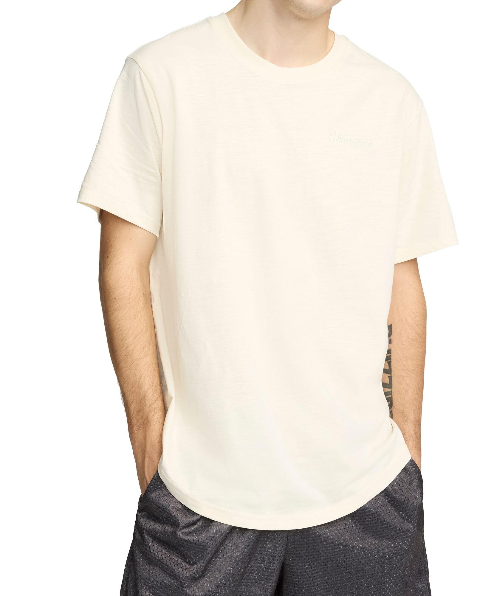 Men's Curved Hem Slub T-Shirt, Embroidered Script