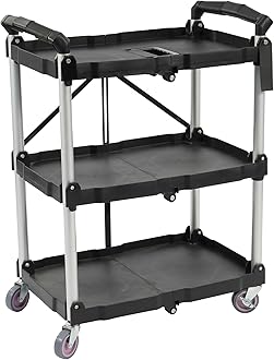ELEVON Portable Folding Collapsible Service Cart Foldable Service Cart 3 Tier Collapsible Push Cart Folding Utility Carts with Wheels for Office Warehouse Home, Black