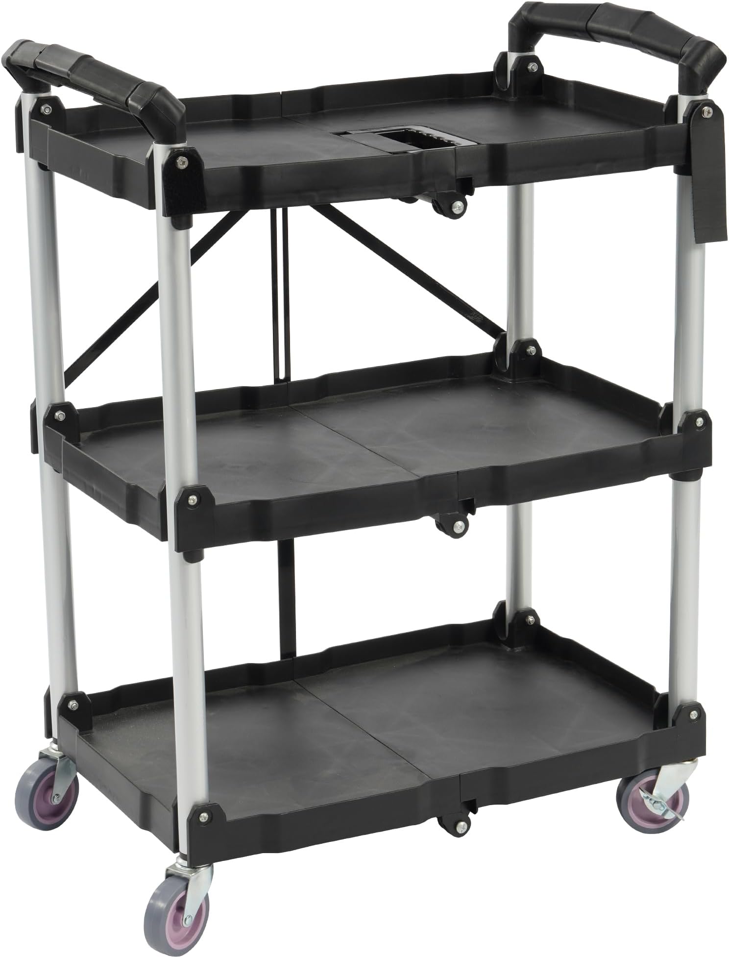 ELEVON Portable Folding Service Cart Folding Service Cart 3 Tier Folding Push Cart Folding Utility Cart with Wheels for Office Warehouse Home Black