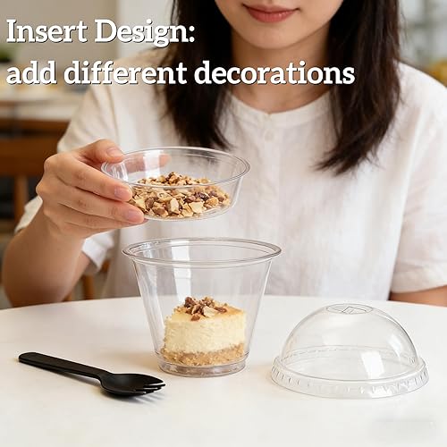Miniatura 3 de Paquete de 100 vasos de plástico para parfait con inserto y tapas de cúpula, contenedor transparente de 9 onzas para yogur y parfait con tenedor,