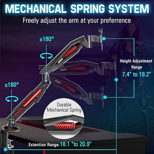 Miniatura 4 de MOUNT PRO Soporte para monitor de videojuegos individual  Soporte para monitor de resorte mecánico, brazo ajustable para monitor de juegos con
