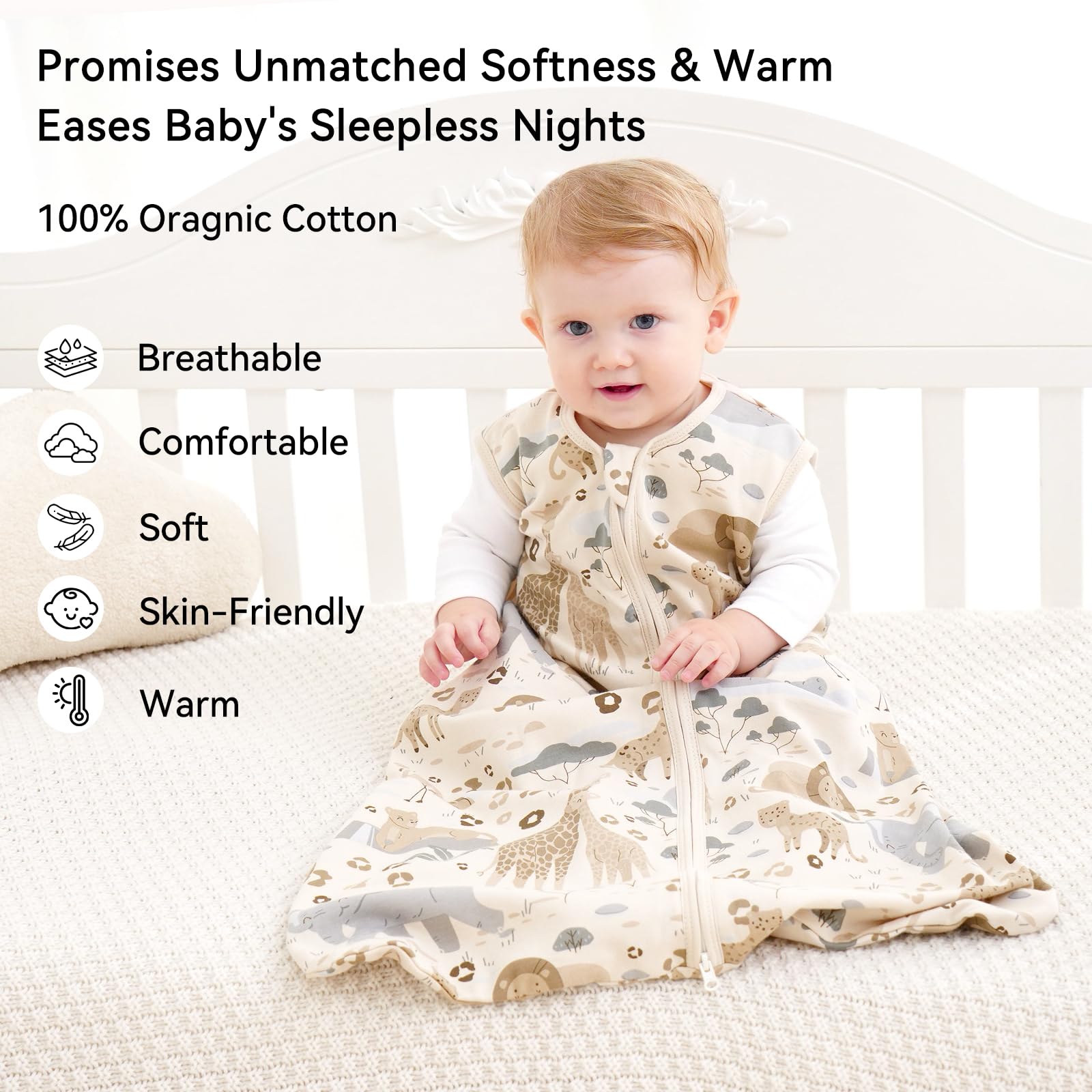 Unnivoll Baby Sleeping Bag 0.5 Tog 12-18 Months Summer Sleep Sack 100% Cotton Baby Sleep Bag Wearable Blanket for Newborn Infant Toddler Apricot Elephant - Image 2