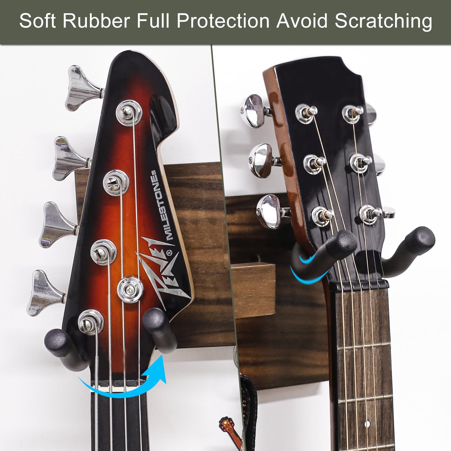 Soporte de pared para guitarra de madera maciza, colgador de guitarra con 3 ganchos de almacenamiento y 2 colgadores de goma giratorios para guitarra, con estante y soporte para púas