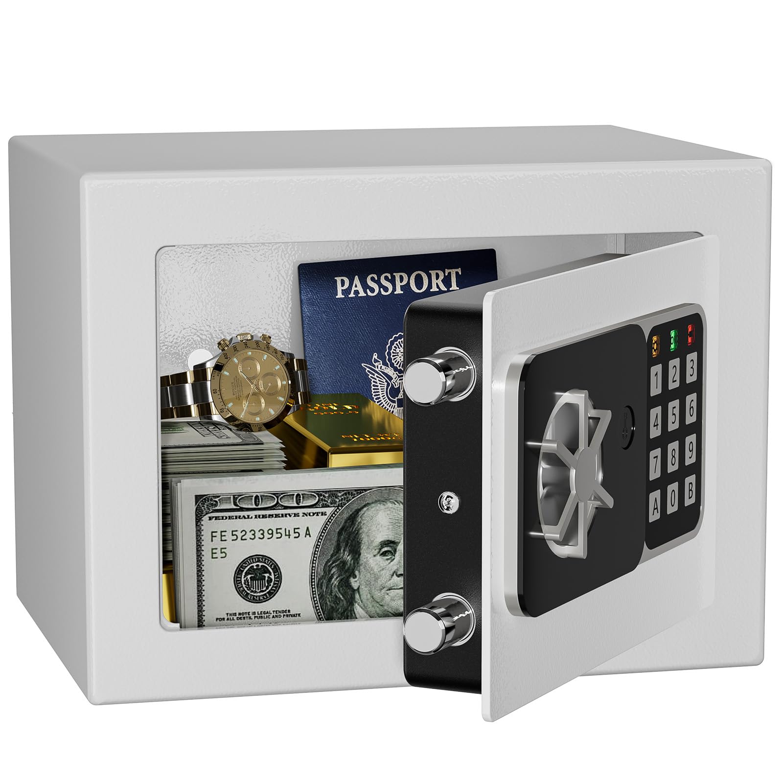 KABISAFE Digitaler Safe 6,8 l, kleiner Tresor für Zuhause, elektronische Sicherheitskassette, Wandtresor fürs Homeoffice mit 2 Schlüsseln, Mini-Safe 23 x 17 x 17 cm, Weiß
