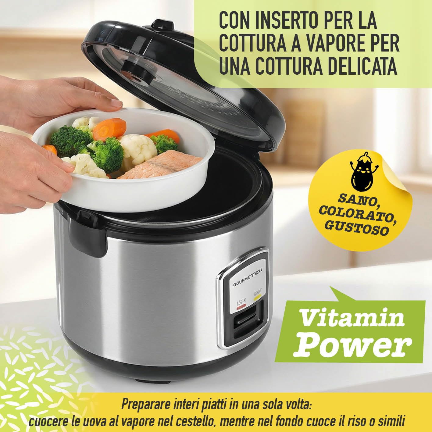 GourmetMaxx 14655 Rice Cooker Argento con funzione vapore