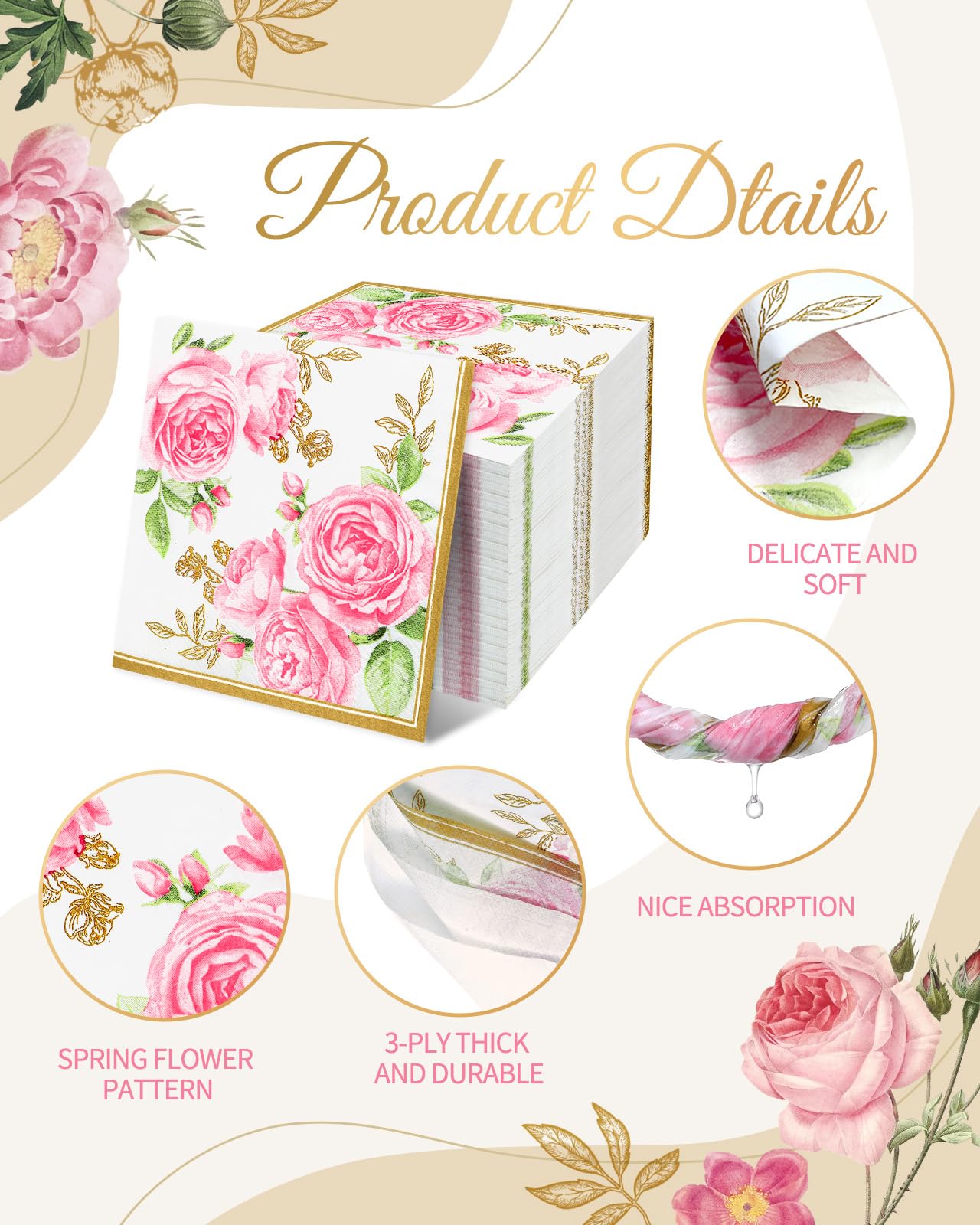 Kisston 100 Stück Blumen-Servietten 3-lagig – Dekorative Einweg-Papierservietten Für Hochzeit, Geburtstag & Partys