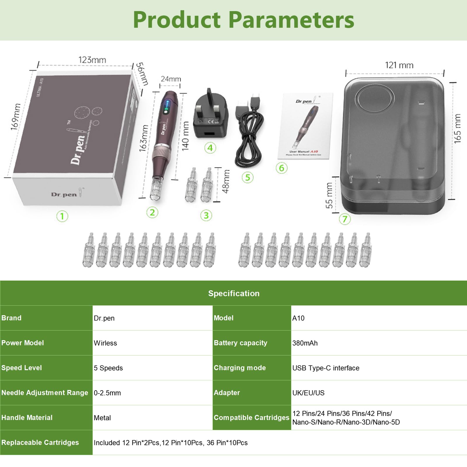 Dr. Pen A10, Microneedling Profesional A10 con 22 Cartuchos, Máquina de Microneedle Eléctrica Ajustable para el Crecimiento del Cabello, Cuidado de la Piel, Antiarrugas Reducción Marcas Acné Facial