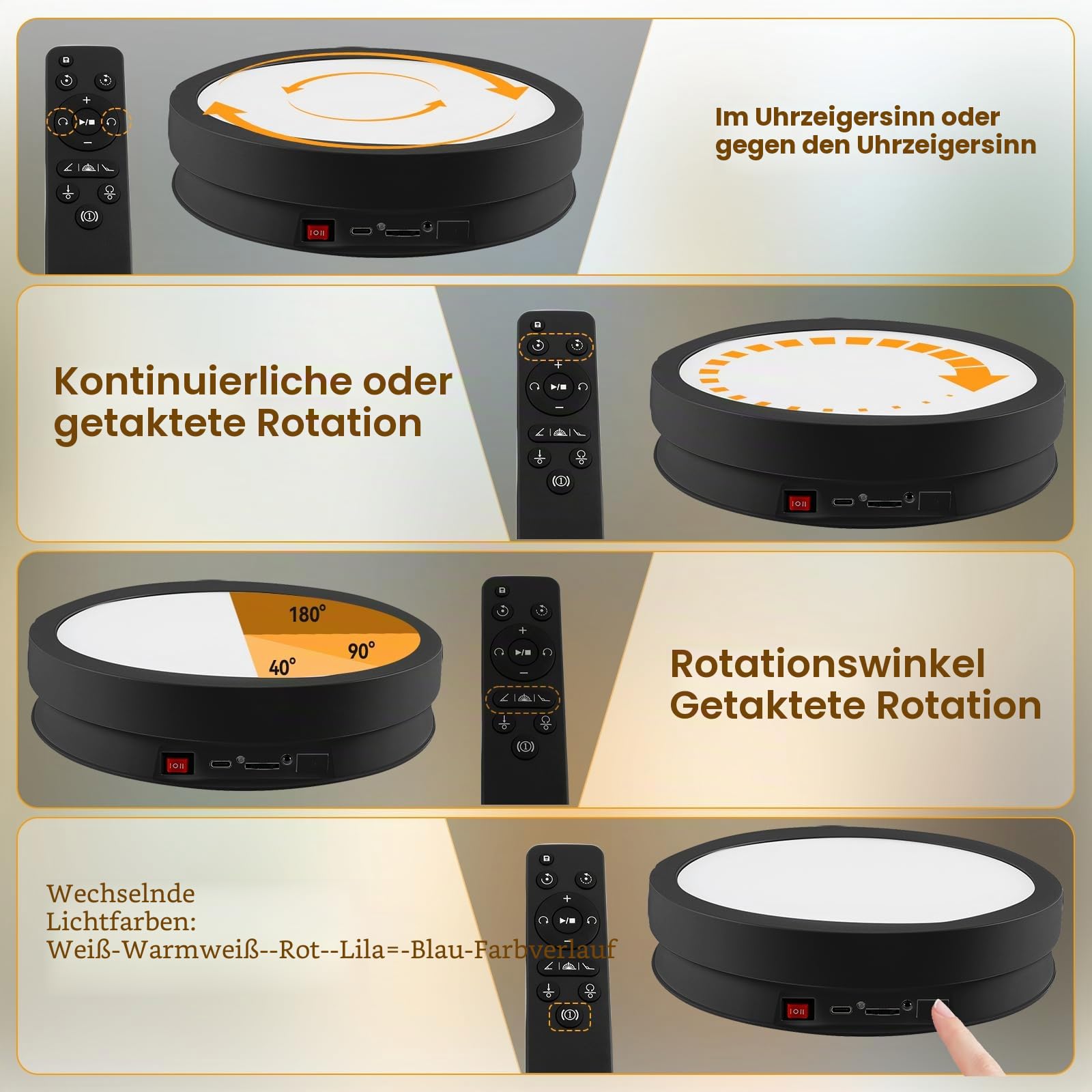 360 Grad Elektrischer Drehteller Für Fotografie, Drehteller Elektrisch mit Fernbedienung und 6-Farbe LED-Licht, 20KG Last, Drehteller Drehständer Displayständer für Glas Kristall Kugelbild (Schwarz)