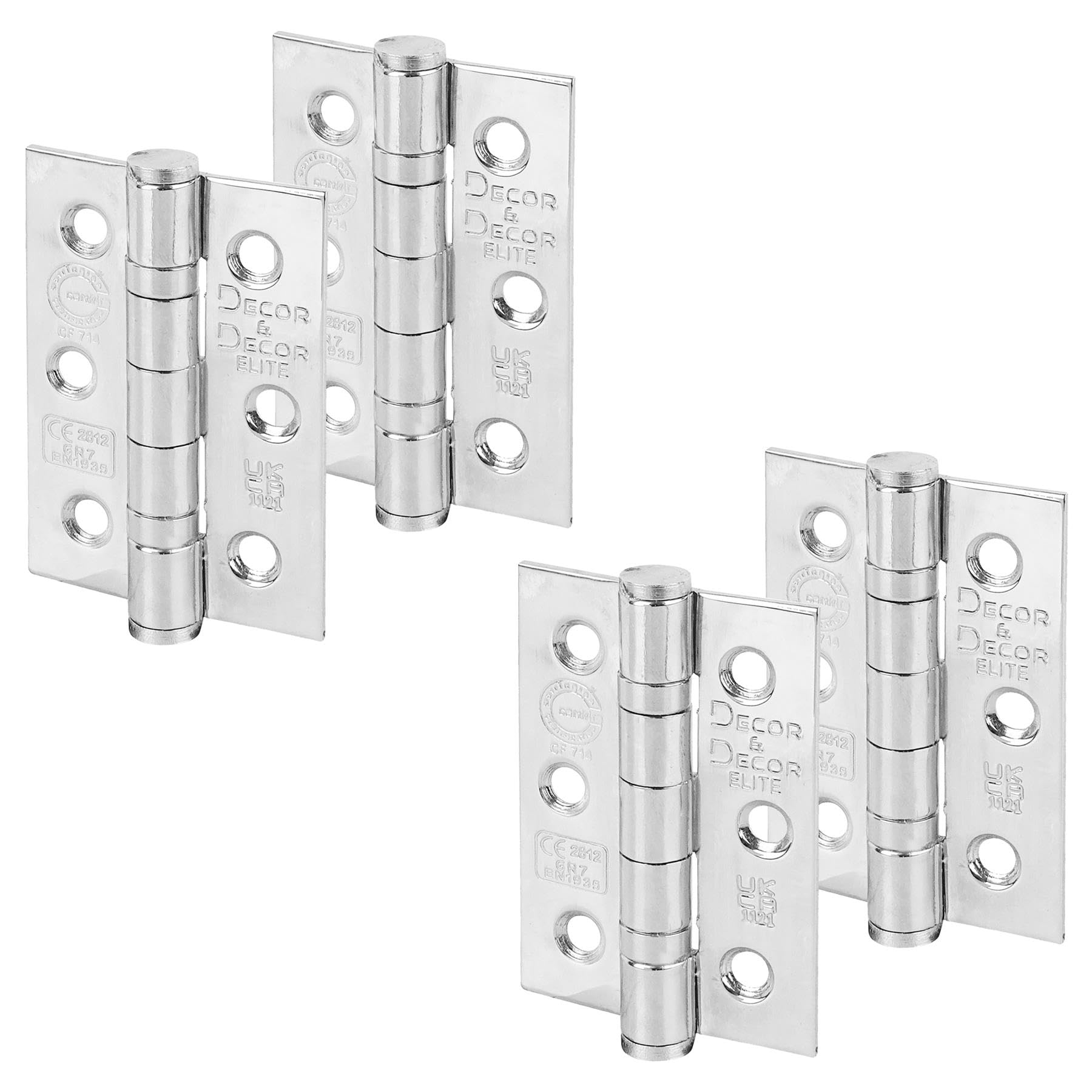 Decoranddecor Polished Chrome Door Hinges Internal - Fire Rated - 3Inc / 76Mm - Ball Bearing - Steel - 2 Pairs