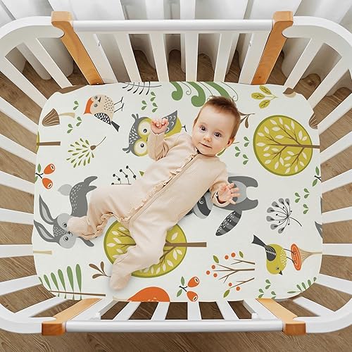 Miniatura 7 de Sábanas de cuna de animales del bosque de verano para niños y niñas, súper suaves, mini sábana bajera ajustable para cuna estándar y de niño