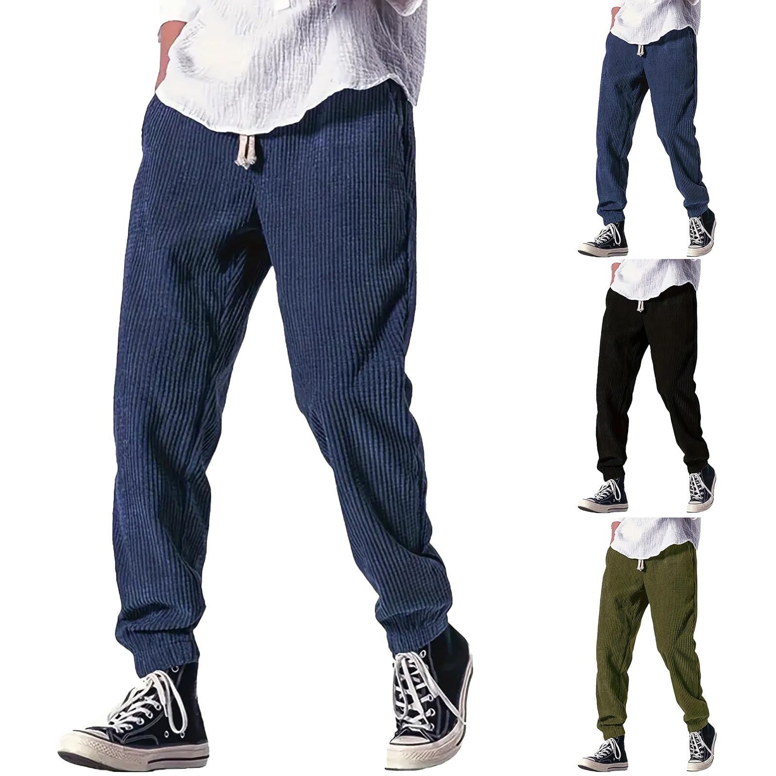Generico Kirakuco Men's Japanese Loose Trousers Corduroy Long Straight Cut Trousers with Elastic Waist and Drawstring Baggy Elastic Casual Streetwear, S-3XL