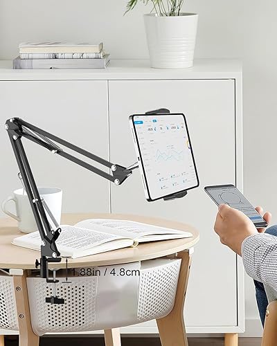 Miniatura 9 de Soporte de suelo para tablet con base estable de 11 libras y abrazadera de escritorio, brazo giratorio de altura ajustable, compatible con iPhone,