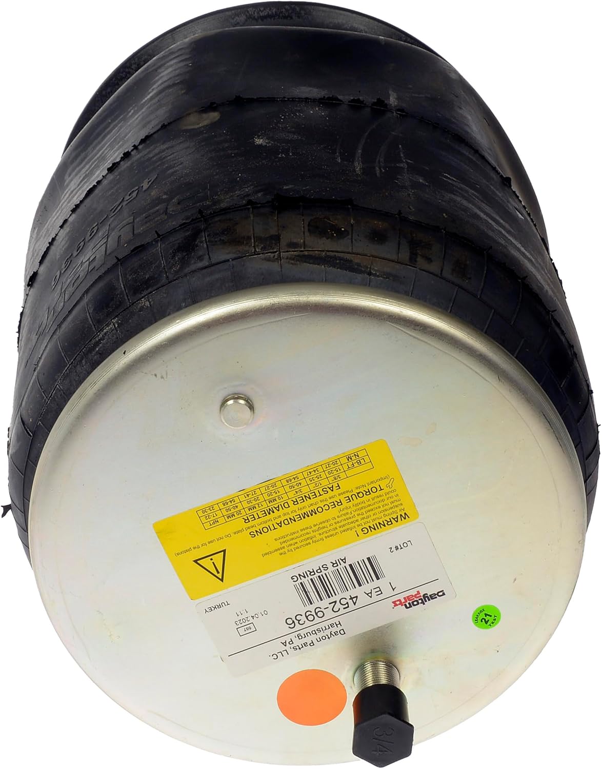 Dayton Parts 452-9936L Air Spring, Rolling Lobe, Composite Piston, 14" Static Height, 9" Top Plate Diameter, 9.5" Piston Diameter, Two Stud Top Plate, One Stud Piston
