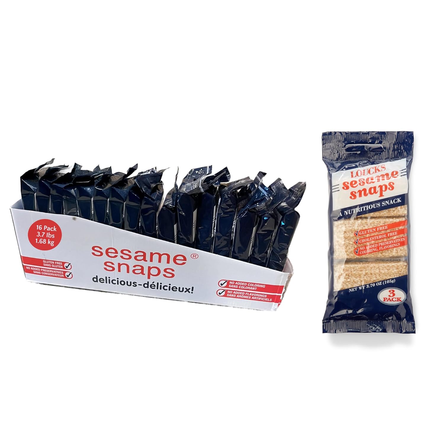 Loucks Original Sesame Snaps Candy Individually Wrapped 16 Three-Packs (48 Bars, 4 Snap Pieces/Bar) Vegan, Gluten-Free, Cholesterol-Free, Kosher Sesame Seed Snack, No Preservatives, 3.7lbs 1.68kg