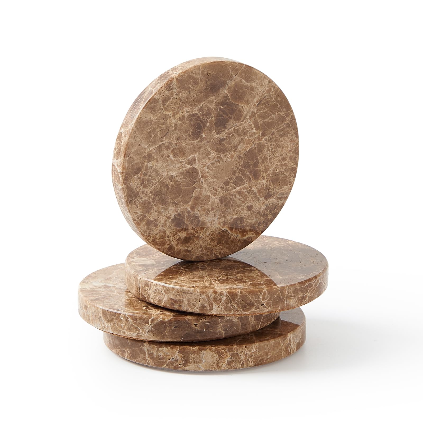 Photo 1 of Natural Marble Coaster Set of 4 - Round Stone Coasters with Smooth Surface & Cork Backing, Non-Slip Drink Coasters for Coffee Table, Bar, Kitchen, Heat Resistant & Durable(Dark Brown)