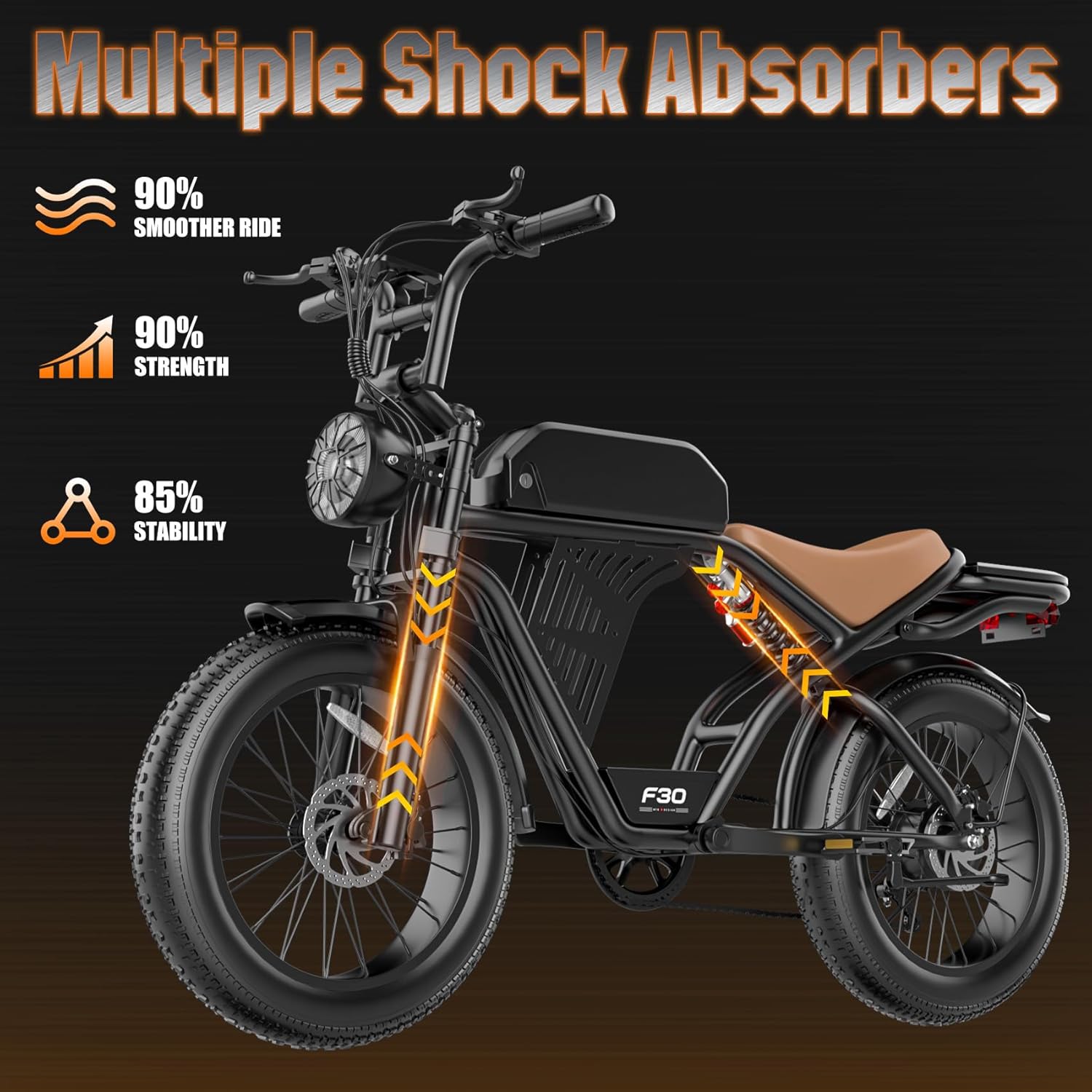 Misodo F30 ebike highlighting multiple shock absorbers for a smoother ride