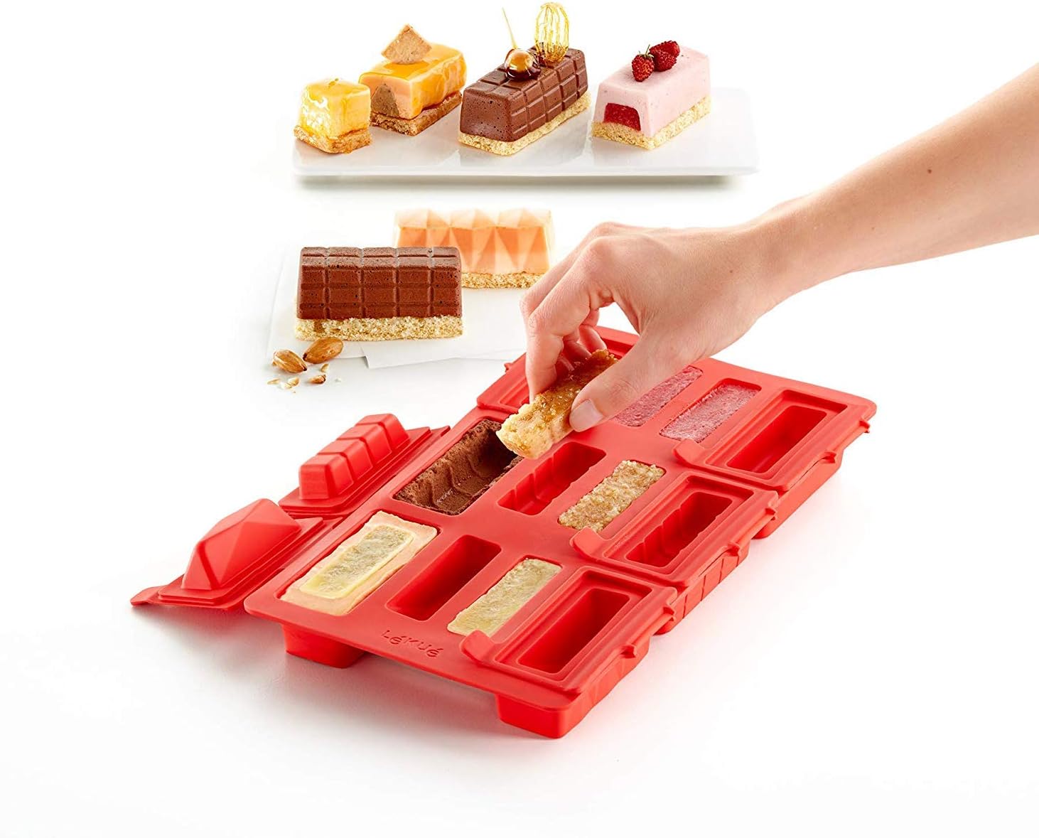 Lekue Rectangular Filled Log Kit/Buche Square, 6 mini cakes, red