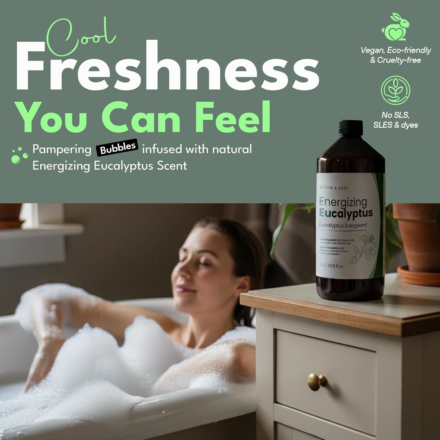Luxury Foaming Bath - Natural Scented Bubble Bath with Essential Oils and Epsom Salt - Energizing Eucalyptus Scent, 33.8 fl oz / 1L - Image 6