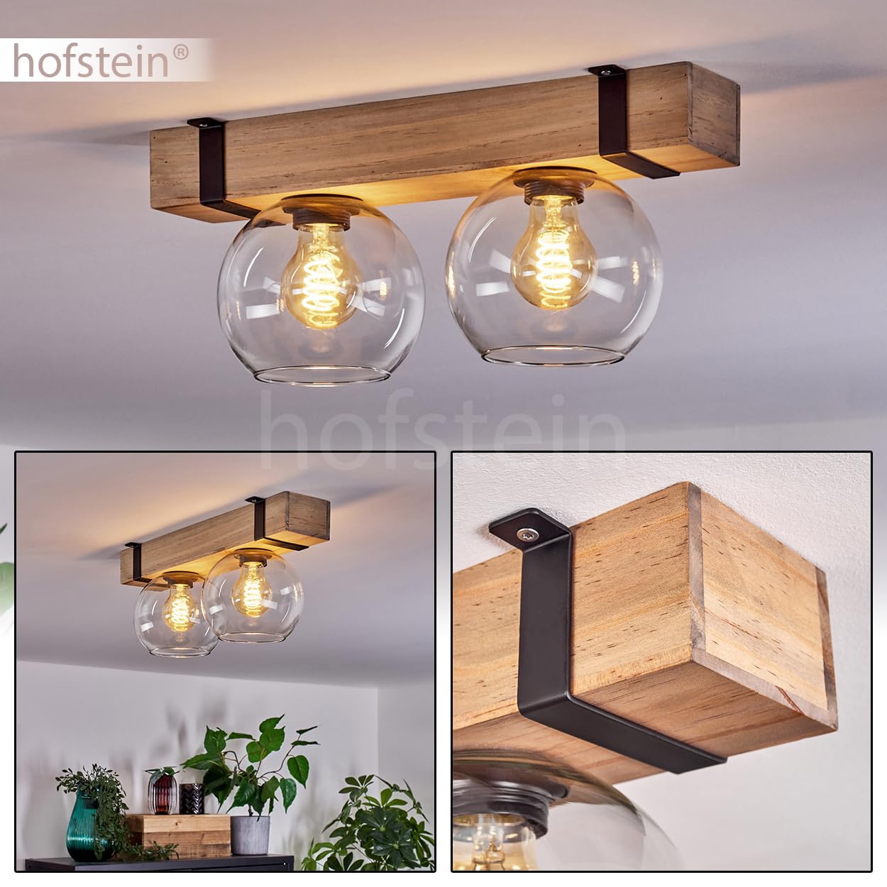 HOFSTEIN Montgomery - Lampada da soffitto in legno/metallo/vetro naturale/nero/trasparente, moderna lampada in stile scandinavo/bohémien con travi in legno, 2 x E27, per camera da letto, soggiorno