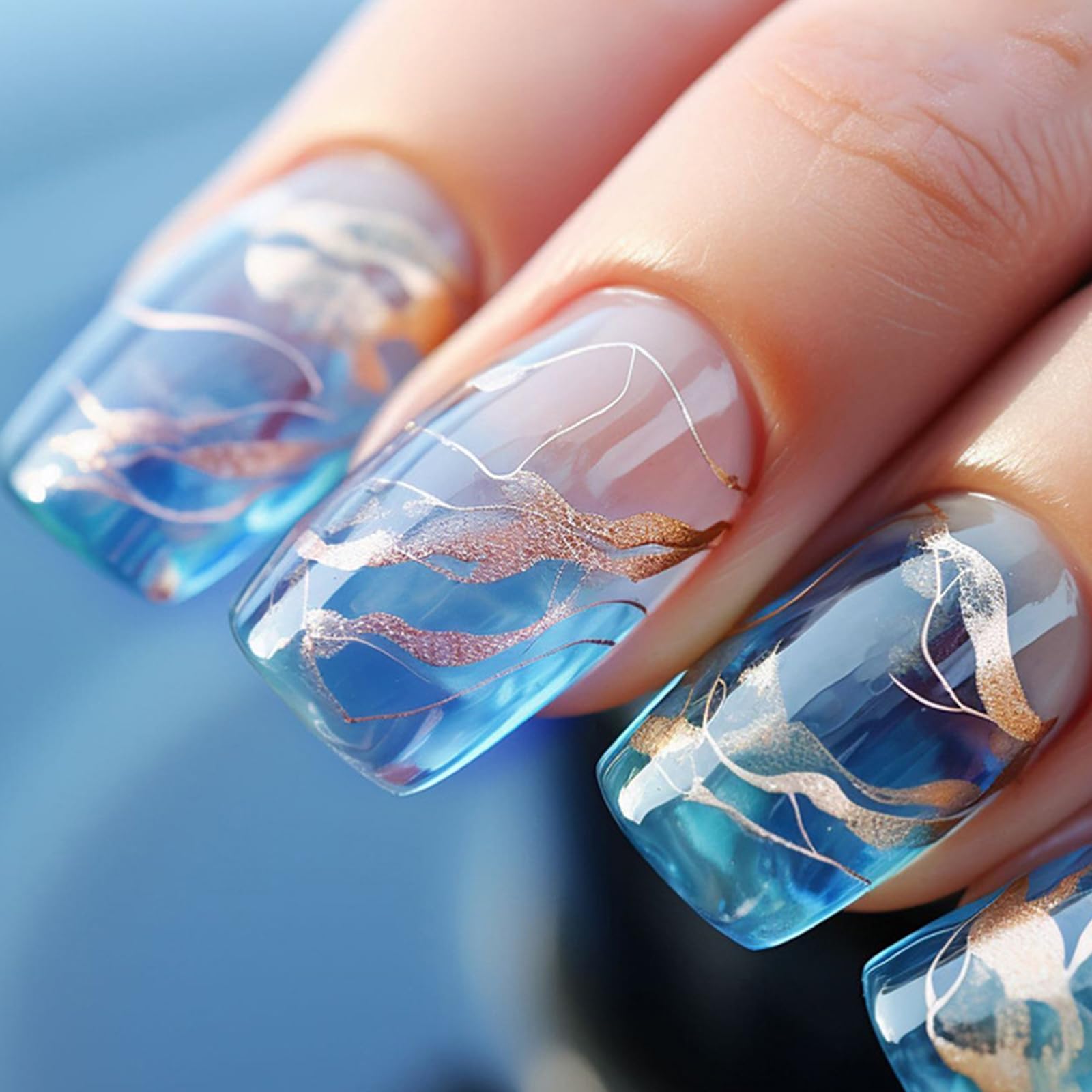 Ceboic 24 Piezas Uñas Postizas Cortas Francesa Cuadradas Press on Nails con Pegamento Gelatina Puntas de Uñas Falsas Naturales para Mujeres y Niñas Arte Uñas DIY (Azul)
