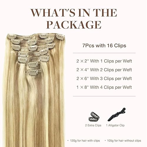 Miniatura 2 de GOO GOO - Extensiones de cabello humano con clip, color rubio claro y reflejos de rubio dorado de 16 pulgadas, 7 piezas de 4.23oz, extensiones de