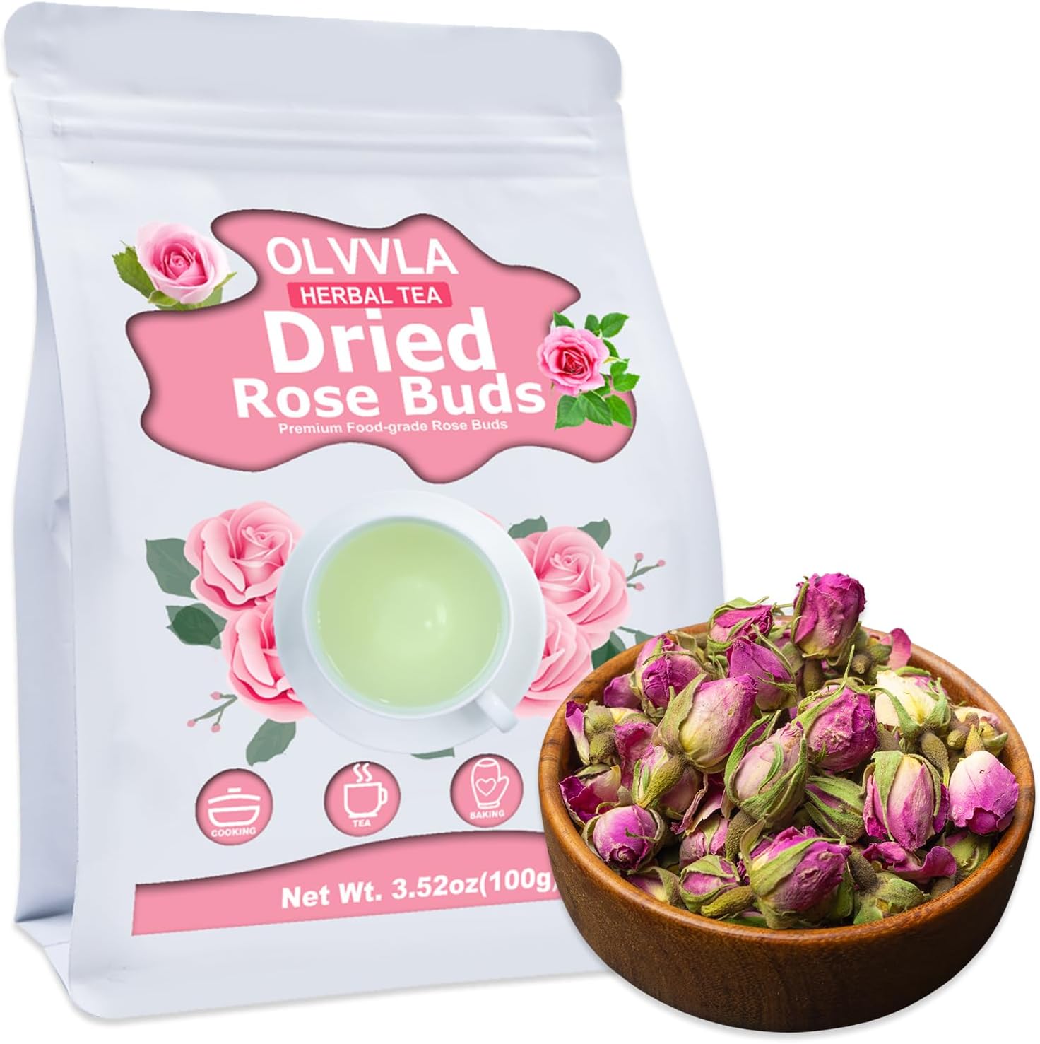 Olvvla - Dried Rose Bud For Fragrant Herbal Tea - 3.52oz/100g - Delicate Sweet and Refreshing - Natural Pink Rosebud Flower for Tisane, Decorative Desserts