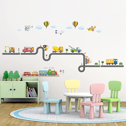 Miniatura 2 de DECOWALL SG-2107 - Calcomanías de pared de transporte de construcción para automóvil, camión, tractor, calcomanías de carretera para niños,