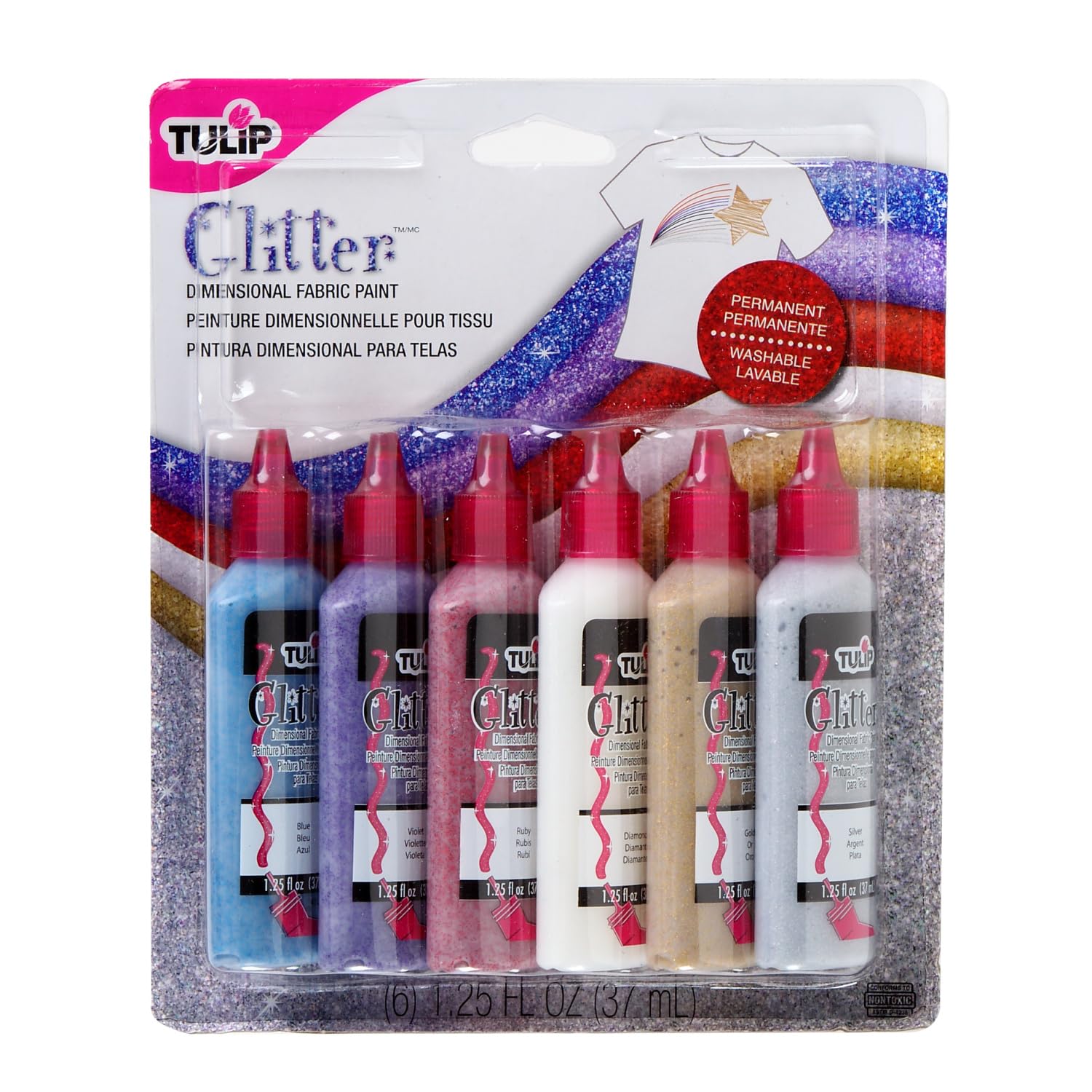 Tulip Puff Paint Glitter Colors 6-pack, Multi-Surface, Premium Quality, Nontoxic & Waterproof Craft Paint, Permanent on Fabric