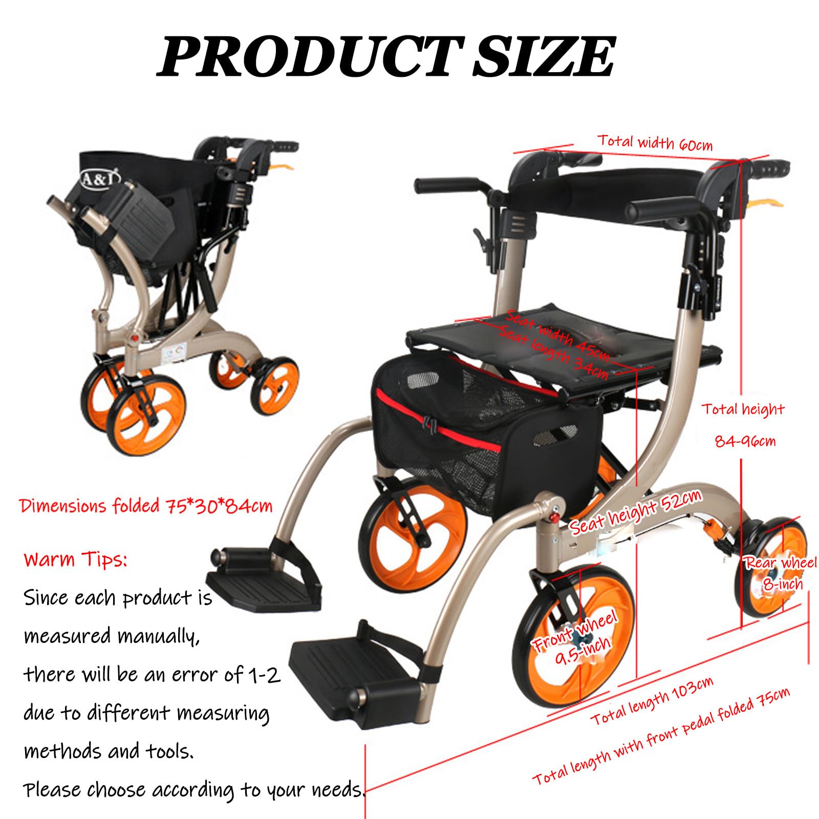 Rollator,pomoce do chodzenia dla seniorów,lekki chodzik,składany z siedziskiem i torbą,4 kółka dla osób starszych,podwójny komfort Blue-Withpedals