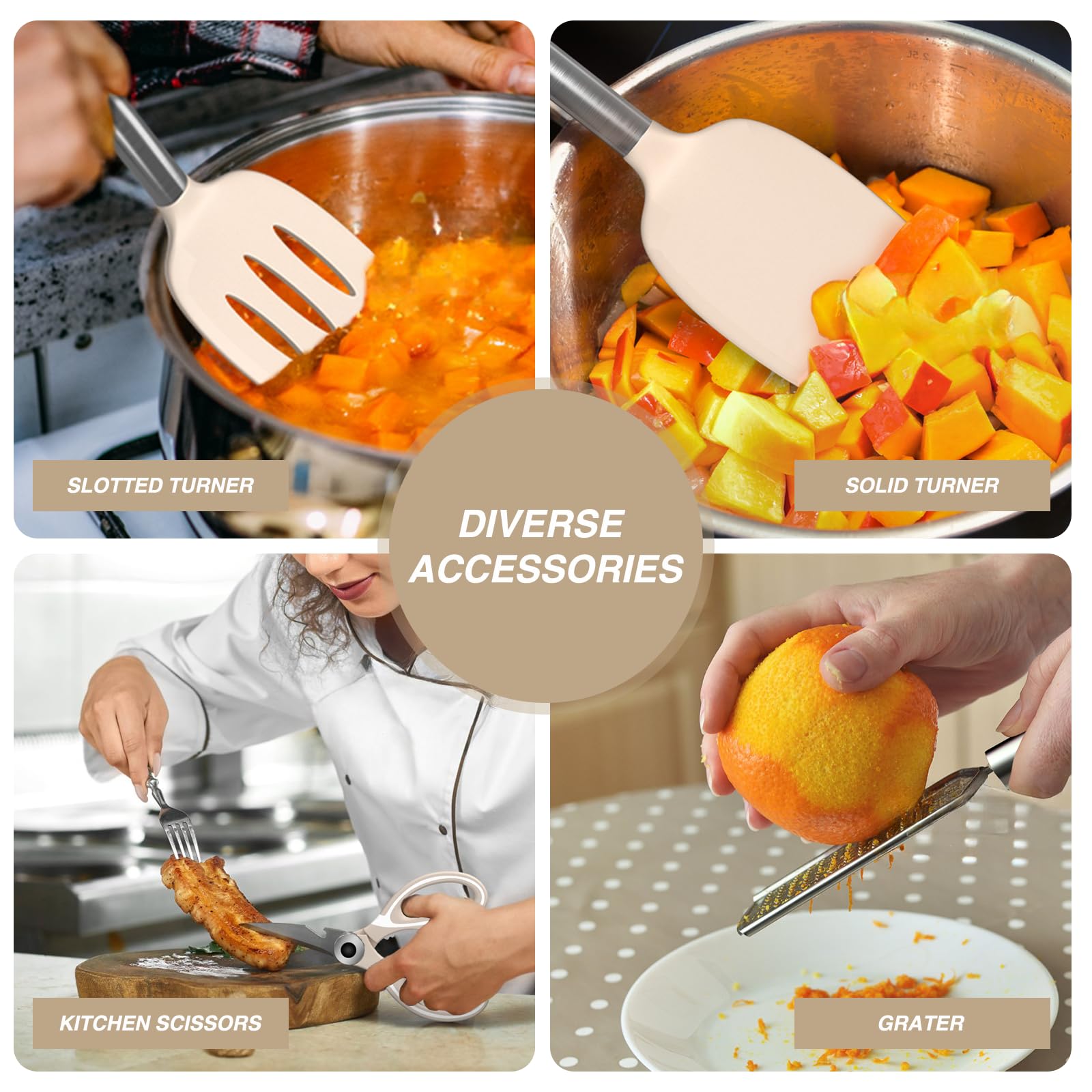 AIKKIL Set di utensili da cucina in silicone resistente al calore, spatole con supporto, set di 30 utensili da cucina kaki per pentole antiaderenti (senza BPA)