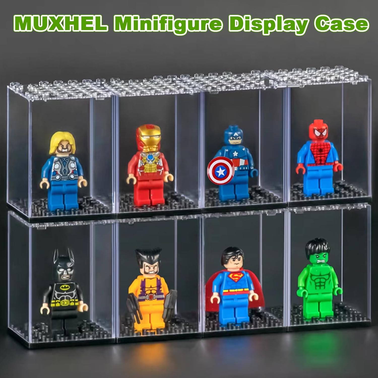 24 Pcs Minifigure Display Case, Acrylic Small Action Figure Toys Storage Case, 2.7”×1.9”×1.9” Stackable Building Block Display Case for Minifigure, Action Figures