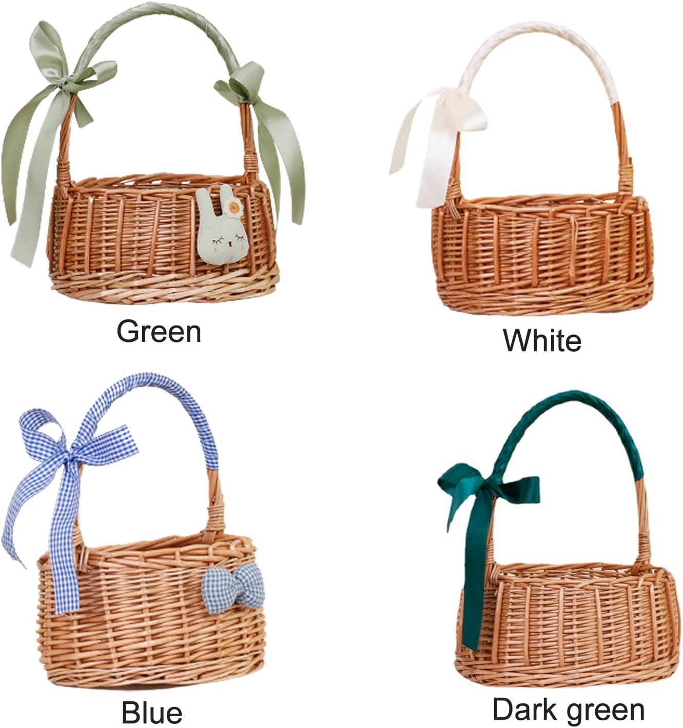 2 PCS Wicker Woven Flower Basket, Country Wedding Basket with Handle Flower Girl Baskets with Ribbons and Bows for Wedding Home Party Photography DIY(White)